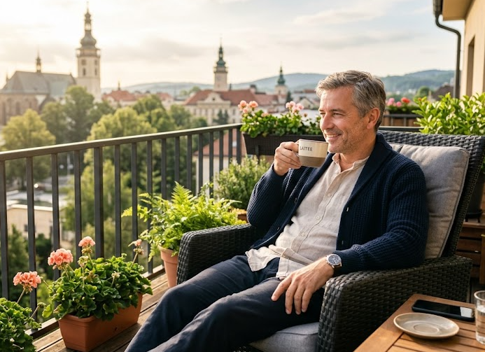 Ranní procházka podél řeky při východu slunce